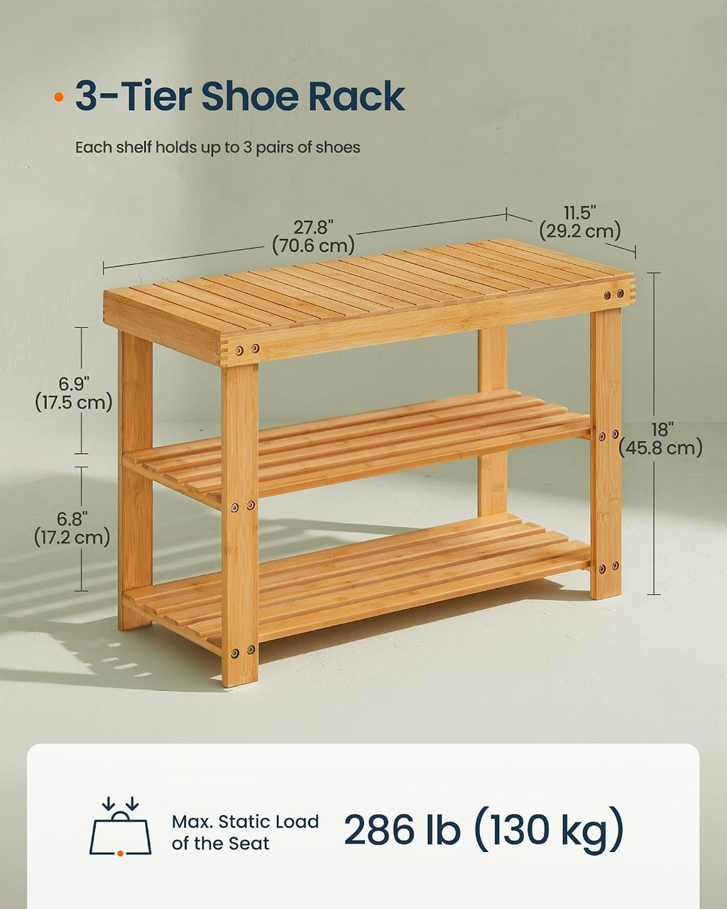 SONGMICS HOME 3-Tier Bamboo Shoe Bench, Shoe Rack, for Entryway Bathroom Bedroom, 11.5 x 27.8 x 18 Inches, Natural