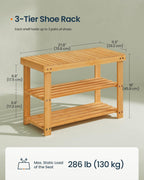 SONGMICS HOME 3-Tier Bamboo Shoe Bench, Shoe Rack, for Entryway Bathroom Bedroom, 11.5 x 27.8 x 18 Inches, Natural