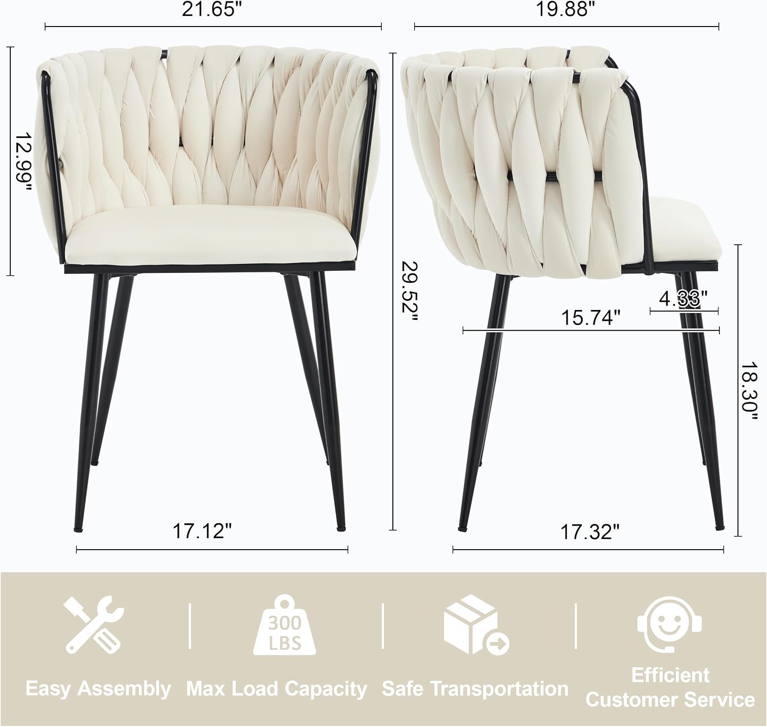 Velvet Dining Chairs Set of 4 with Black Metal Legs,White | Modern Accent Chairs with Upholstered, Woven Backrest, for Living Room, Dining Room, Kitchen,Easy and Quick Assembly