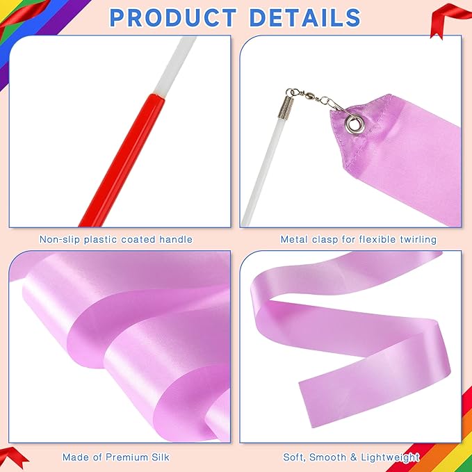 Yilloog Ribbon Dancing Wands Party Favors, 78.7 Inch Gymnastics Ribbon Streamers Rainbow Artistic Ribbon Dancer Twirling Wands, Rainbow Birthday Decorations, Girls Party Games