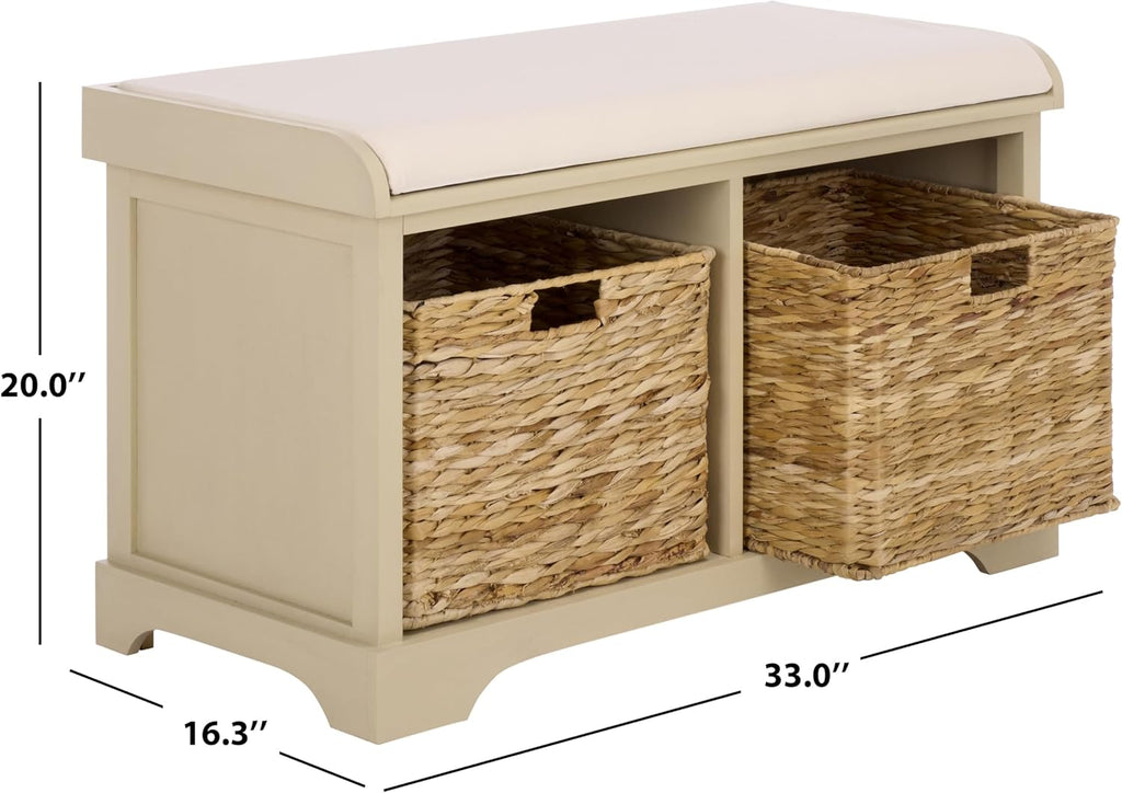 SAFAVIEH Furniture - Freddy 2-Basket Storage Bench - Sand - Solid Wood - Coastal Basket Storage Design - Ideal for Entryway, Living Room, Hallway, 18" Seat Height - Fully Assembled (AMH5736J)