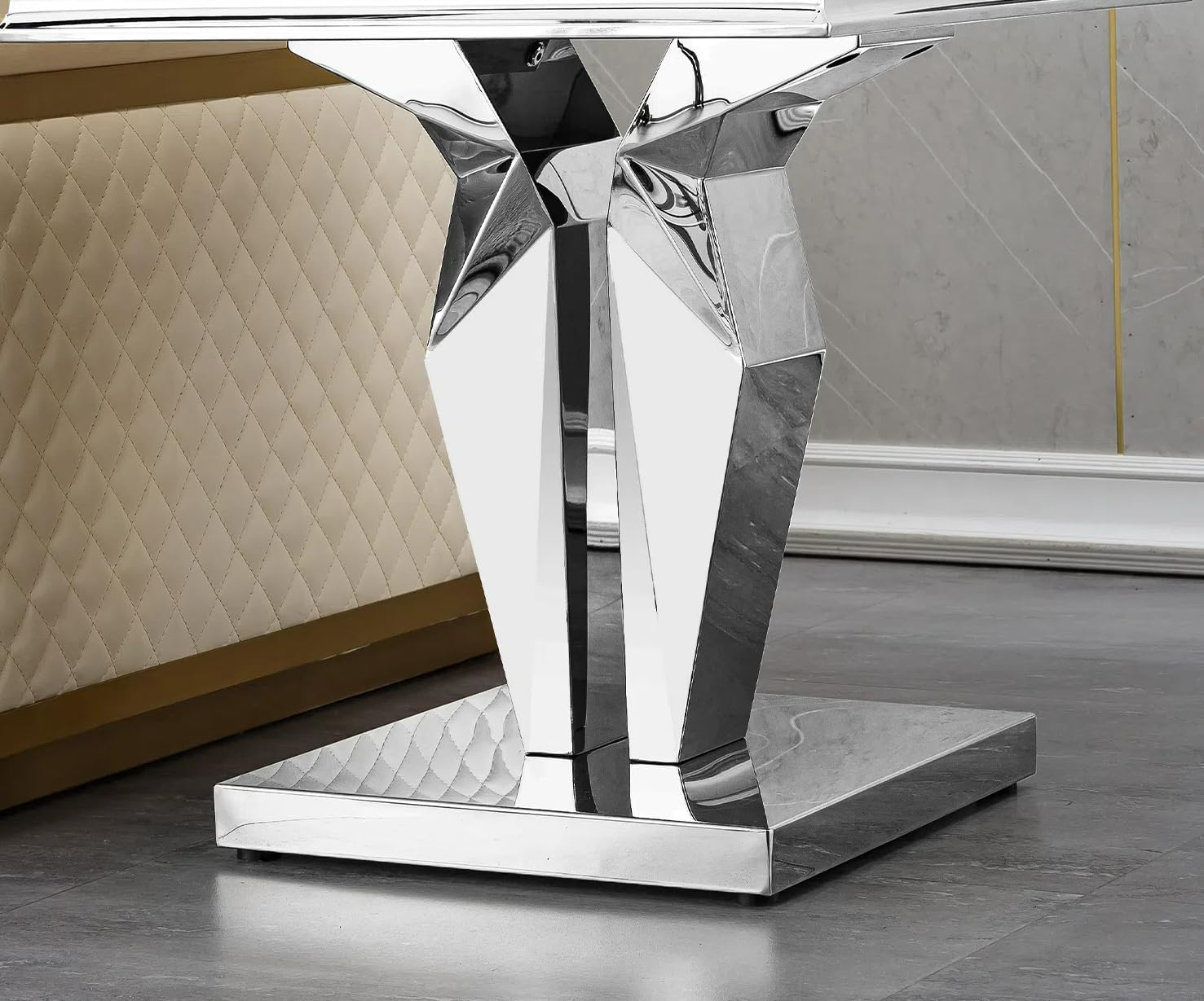 Modern Marble End Table, Sqaure Sofa Side Table with Silver Mirrored Stainless Steel Base Luxury White Faux Marble Accent End Table Bedside Table Nightstand for Living Room Bedroom