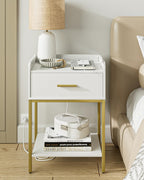 Aienvey Nightstand with Charging Station,Bedside Table with Drawer and 2 Shelf Storage, Small Side Table, Modern White Night Stand, Tall End Table for Bedroom, Living Room