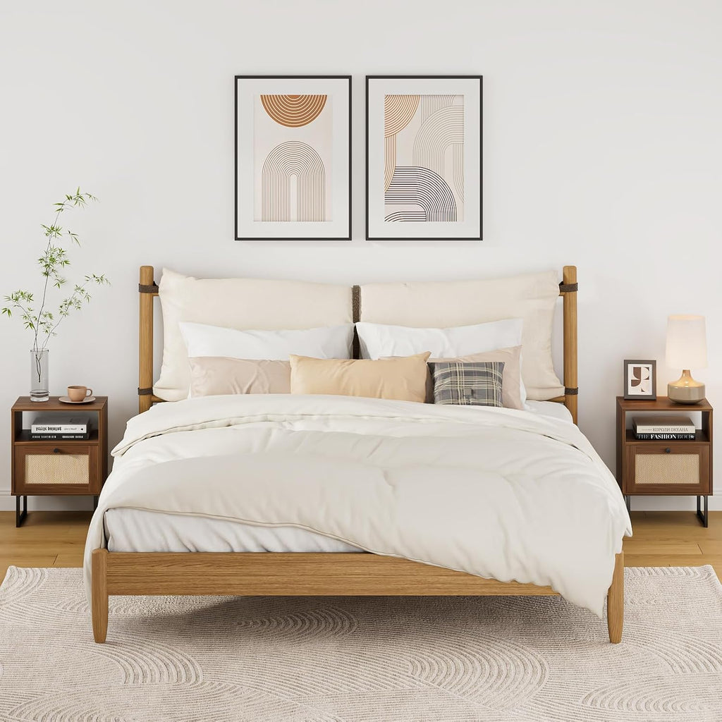 Rattan Nightstand, Boho Night Stand Farmhouse Wood Bedside Table with Storage and Open Shelf, End Side Accent Table for Bedroom,Living Room,Walnut