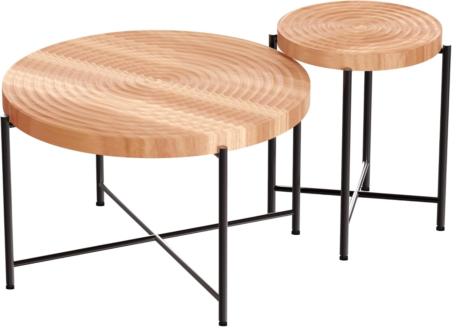 Coffee Table Set, End Table, MDF Living Room Tables with PVC Cover, Cylindrical Design, Black Metal Legs, Red Cedar-Brown, 2-Piece