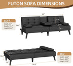 Shintenchi 64" Futon Sofa Bed, Leather Foldable Couch, Upholstered Loveseat Sofa Couch with Folding Cup Holders, Reclining Sleeper with Removable Armrests for Home, Office, Black