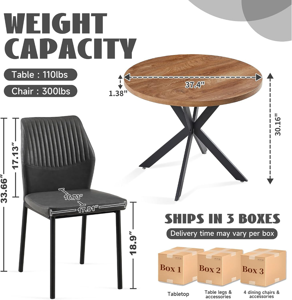 37 Inch Round Dining Table Set for 4, Modern Small Circle Kitchen Coffee Set for Apartment Living Room Office, Save Space(1 Wooden Table+2 Grey PU Leather Chairs)
