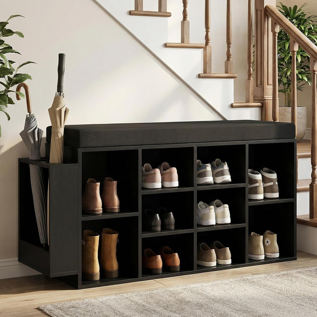 Tangkula Shoe Storage Bench with Umbrella Holder, 40" Shoe Organizer with Cushioned Seat, 10 Cubbies & Adjustable Shelves, Wooden Industrial Shoe Rack for Entryway, Living Room, Bedroom (Black)