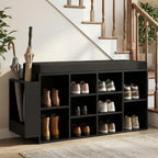 Tangkula Shoe Storage Bench with Umbrella Holder, 40" Shoe Organizer with Cushioned Seat, 10 Cubbies & Adjustable Shelves, Wooden Industrial Shoe Rack for Entryway, Living Room, Bedroom (Black)