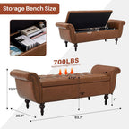 63.78" Inch Storage Bench for Bedroom Faux Leather End of Bed Bench with Storage Upholstered Ottoman Foot Rest with Rolled Arms for Bedroom Living Room Holds Up to 700 Lb Brown