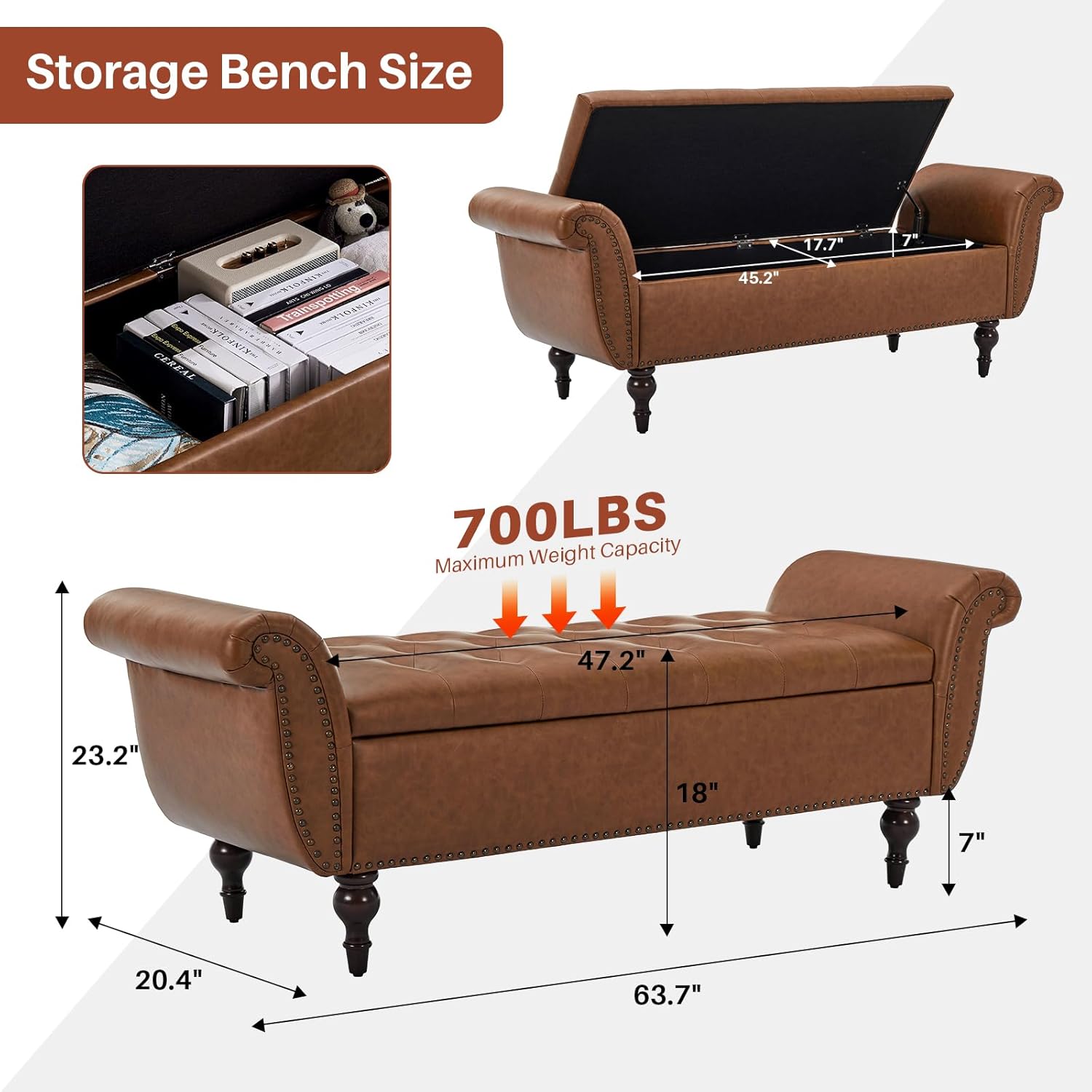 63.78" Inch Storage Bench for Bedroom Faux Leather End of Bed Bench with Storage Upholstered Ottoman Foot Rest with Rolled Arms for Bedroom Living Room Holds Up to 700 Lb Brown