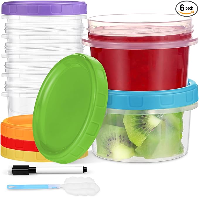 8 oz Plastic Containers with Lids, 6 Pack Stackable Small Freezer Container, Reusable Clear Food Storage Meal Prep Containers for Snack Fruit, Microwave & Dishwasher Safe, with Pen & Brush