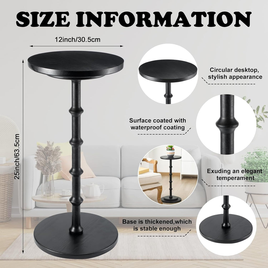 Marsui Black Pedestal Cocktail Side Table Solid Wood Martini Side Table for Couch Small Place Living Room Bedside Area