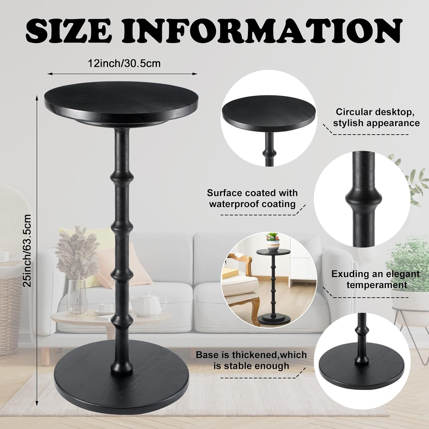 Marsui Black Pedestal Cocktail Side Table Solid Wood Martini Side Table for Couch Small Place Living Room Bedside Area