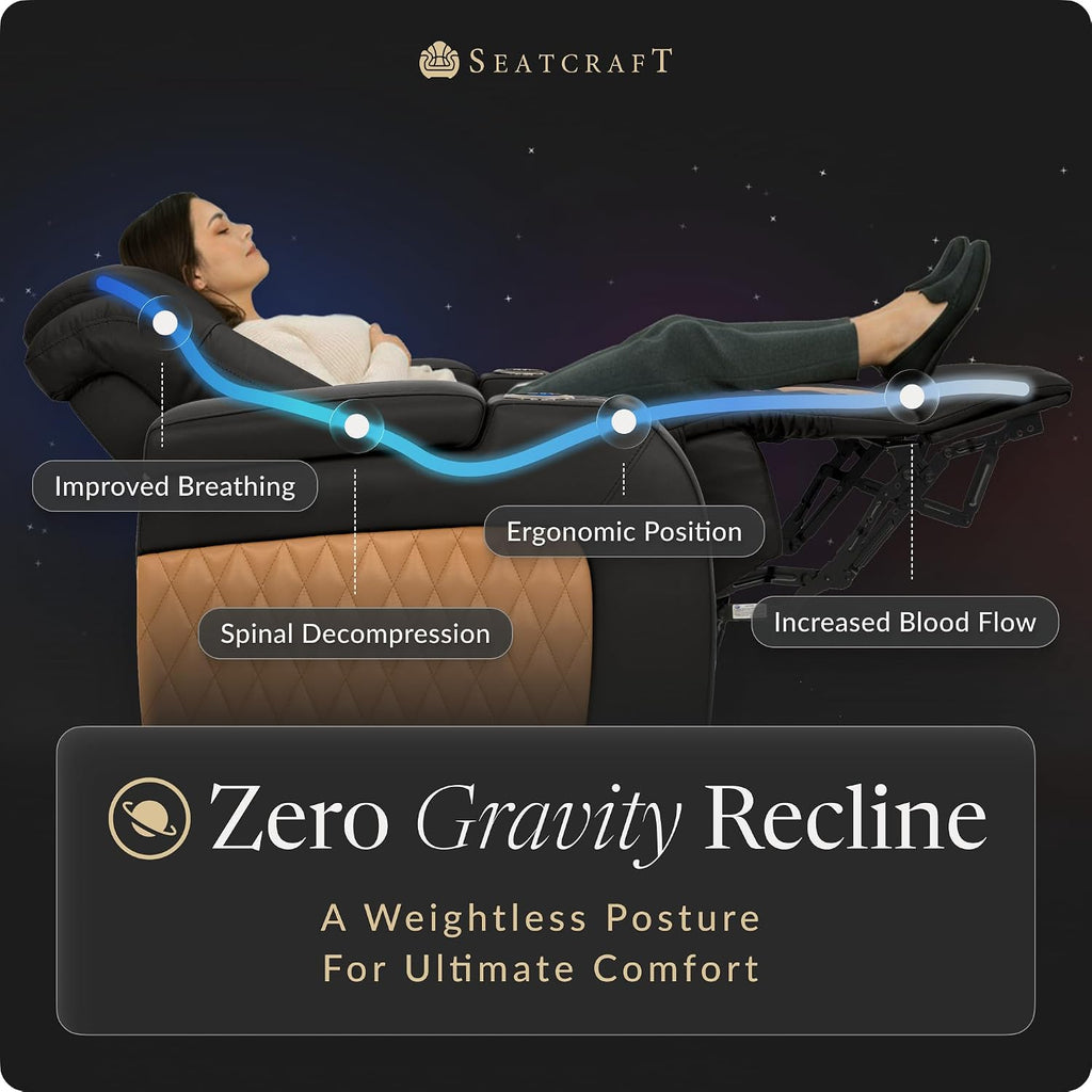 Seatcraft Diamante Black/Tan Oak Italian Leather Home Theater Seating, Zero Gravity Power Recliner, Gaming and Home Office Chair, Powered Headrest Furniture for Cinema Room, Row of 5 Middle Sofa