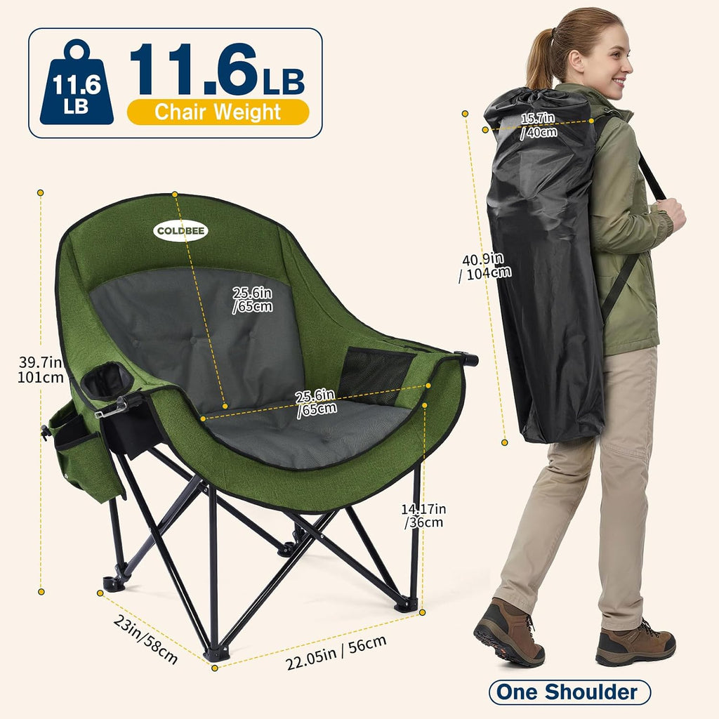 Coldbee Oversized Camping Chairs, Heavy Duty Padded, Thick Headrest, Green