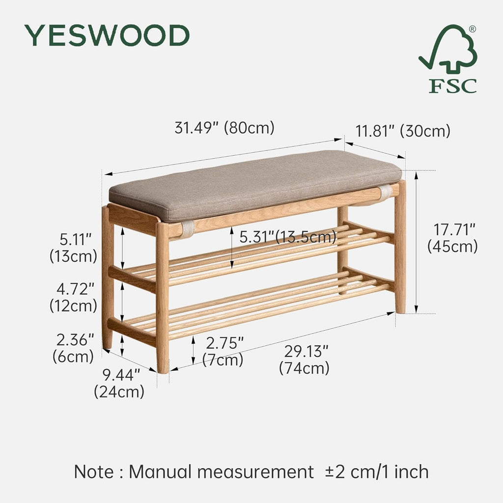 YESWOOD Solid Wood Shoe Bench Assembled, Shoe Rack Bench with Cushion for Entryway, Living Room, Bedroom, Hallway, 31.49“ x 11.81” x 17.71", Nature+Gray