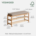 YESWOOD Solid Wood Shoe Bench Assembled, Shoe Rack Bench with Cushion for Entryway, Living Room, Bedroom, Hallway, 31.49“ x 11.81” x 17.71", Nature+Gray