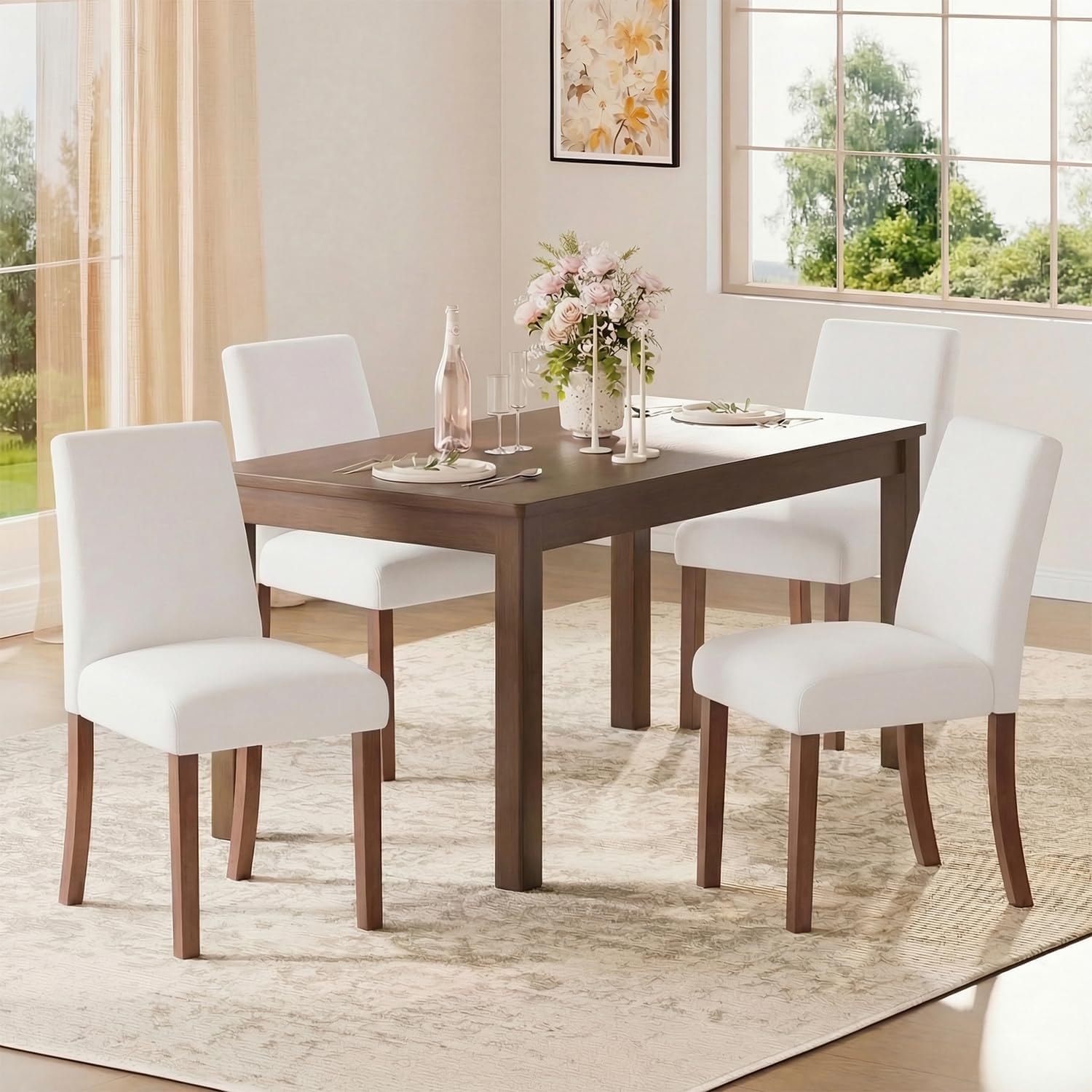 Dining Chairs Set of 4, Parsons Chairs for Small Spaces, Light Beige | Modern Dining Room Chairs with Solid Wooden Legs, Fabric Upholstered Kitchen Chairs for Restaurant & Cafe