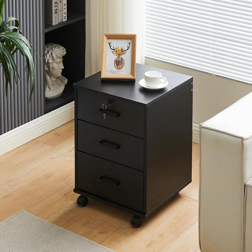 TUKAILAi Mobile File Cabinet with 3 Drawers, Lockable Storage Unit Wooden Rolling Office Filing Cabinet with Wheels, for Legal/Letter/A4 Sized Documents Home Office (Black 2PCS)