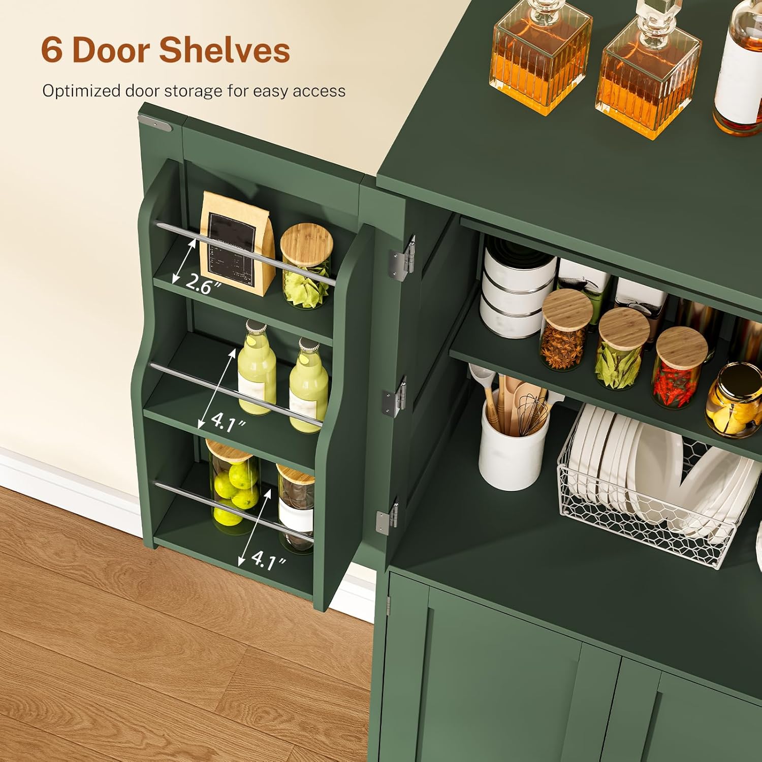 TEENFON 51" H Pantry Cabinet with 4 Doors, Kitchen Cabinet with 6 Door Shelves, Kitchen Pantry for Living Room, Dining Room, Bathroom, Green