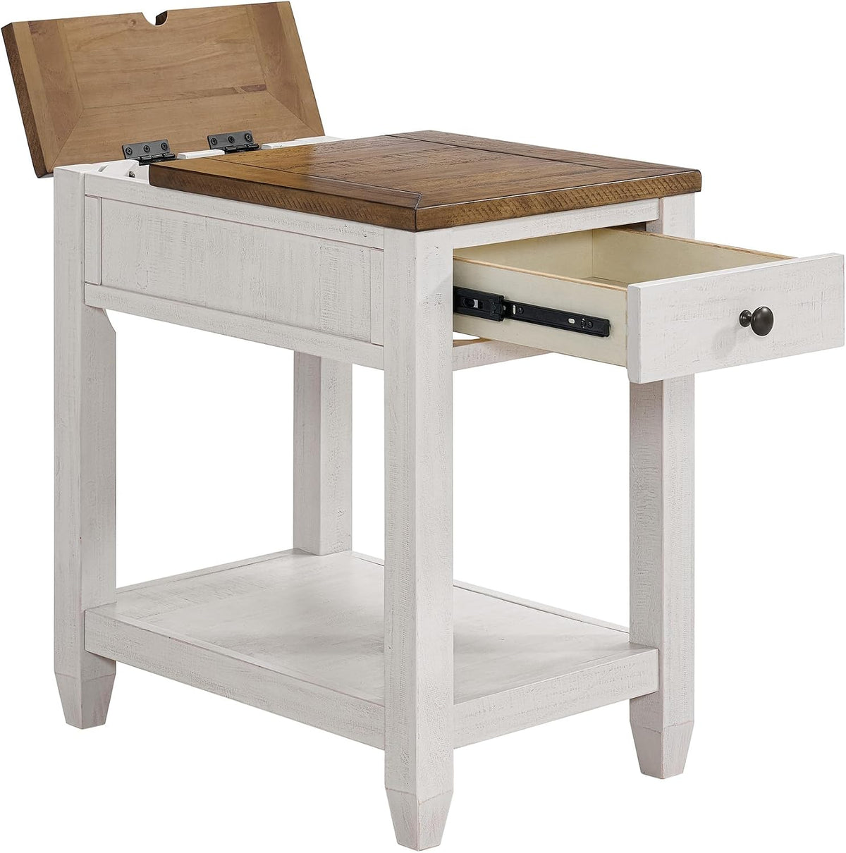 Martin Svensson Home Napa Farmhouse Chairside End Table with Charging Station, Solid Wood Narrow Side Table with Drawer & Shelf, Rustic Accent Table for Living Room or Bedroom. White and Natural.