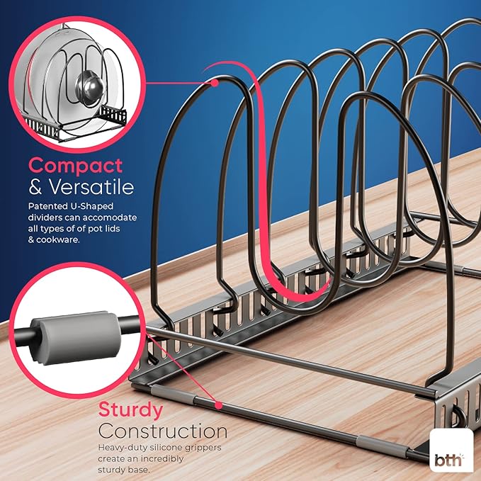 Compact Pan & Pot Lid Organizer Rack with 6 Adjustable Dividers | Steel Single Rack for Kitchen Cabinet, Drawer & Pantry – Deep U-Shaped Dividers, No Assembly Needed