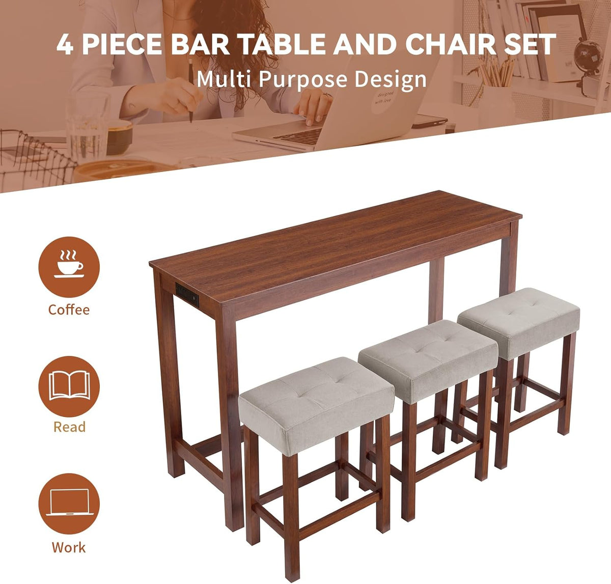 59" Dining Bar Table Set with Power Outlet, Behind Couch Sofa Table with 3 Padded Stools, 4 Piece Bar Table and Chairs Set for Living Room, Dining Room, Cherry
