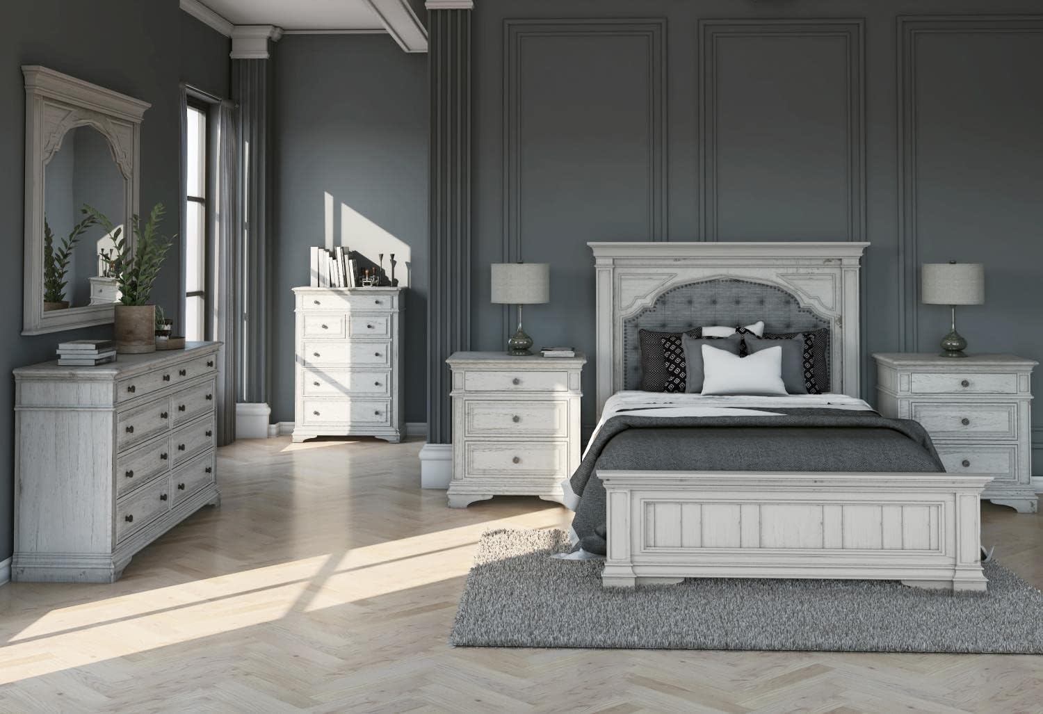 Steve Silver Highland Park Rustic Ivory Wood Upholstered Panel Queen Bed