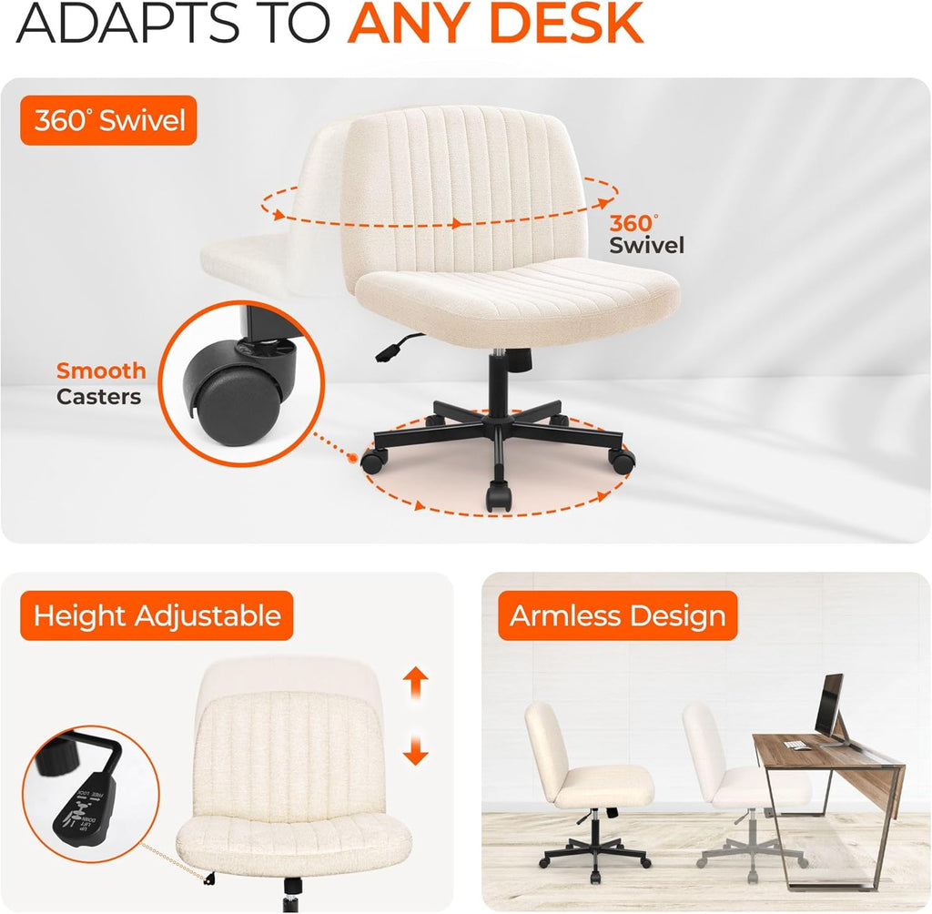 Orange Factory Criss Cross Chair, Wide Fabric Vanity Desk Seat, Beige Wheel | Cross-Legged with 360° Swivel, Height Adjustable, Smooth and Silent Wheels, Comfy Seating for Office, Desk, or Computer Use