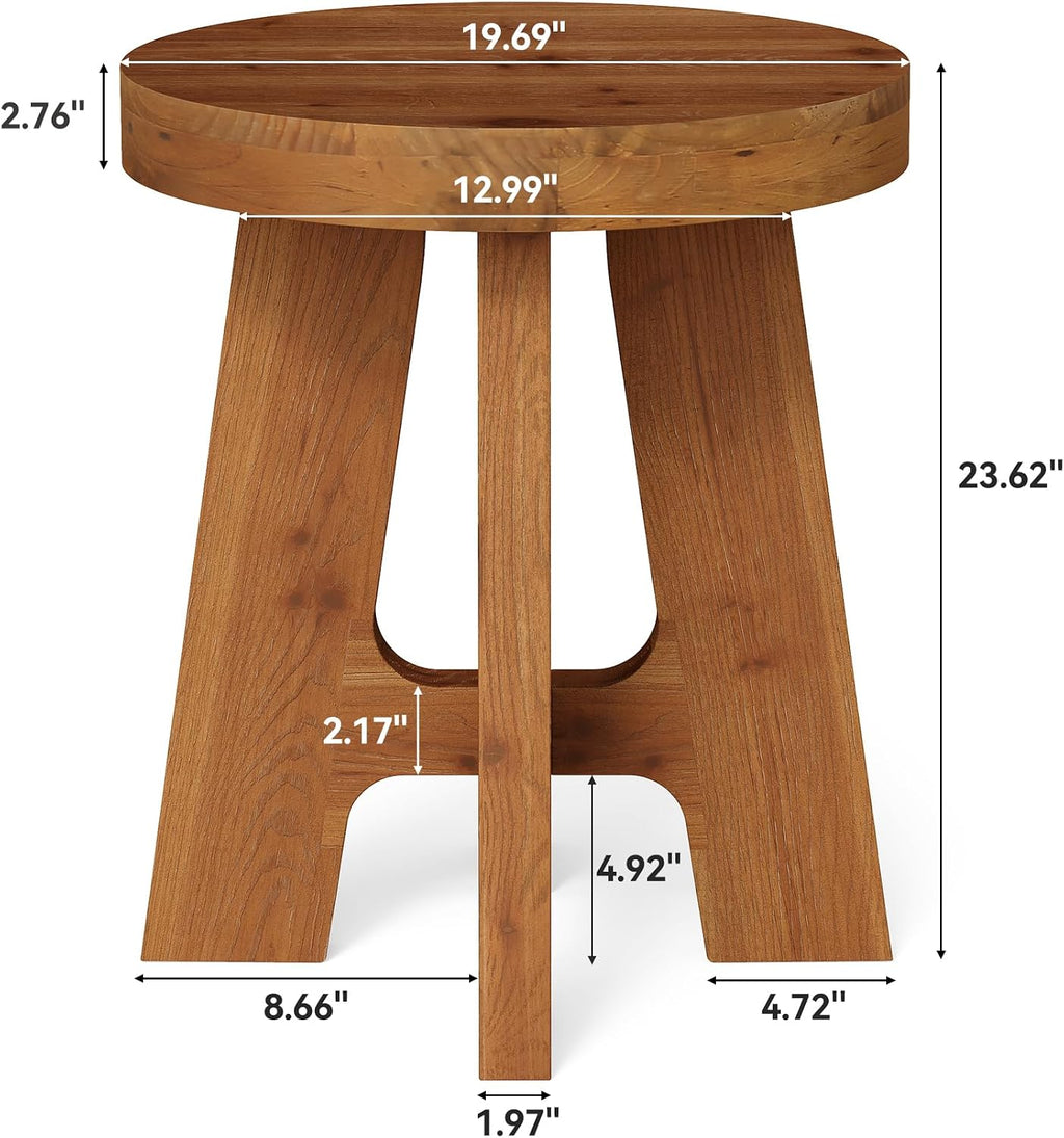 Round Side Table, Farmhouse Solid Wood End Table for Couch, Mid Century Modern Side Table with Heavy-Duty Legs, Small Bedside Table for Bedroom, Living Room, Walnut