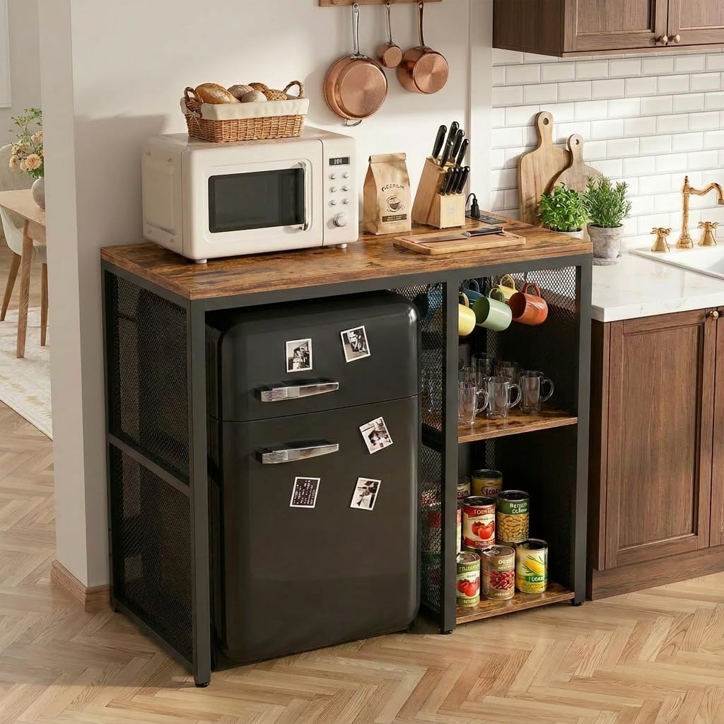 Homieasy Mini Fridge Cabinet with Power Outlet, Rustic Brown | Coffee Bar Cabinet with Mini Fridge Space, Industrial Liquor Cabinet with Wine Storage & Glass Holder for Dorm, Living Room