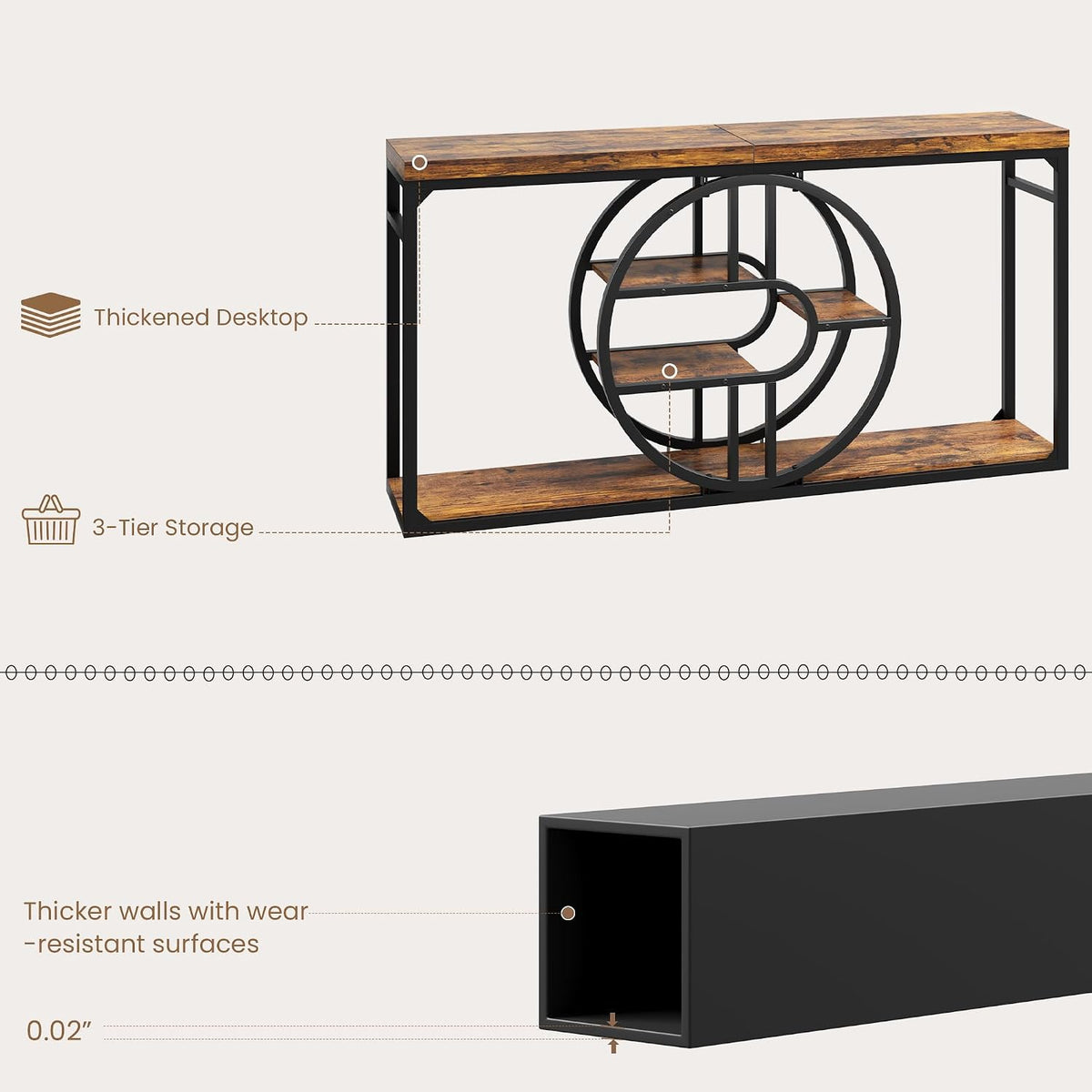 GarveeHome 55" Industrial Entryway Table, 5-Tier Narrow Console Table with o-Shaped Metal Frame, Storage Sofa Table for Living Room, Hallway & Entrance