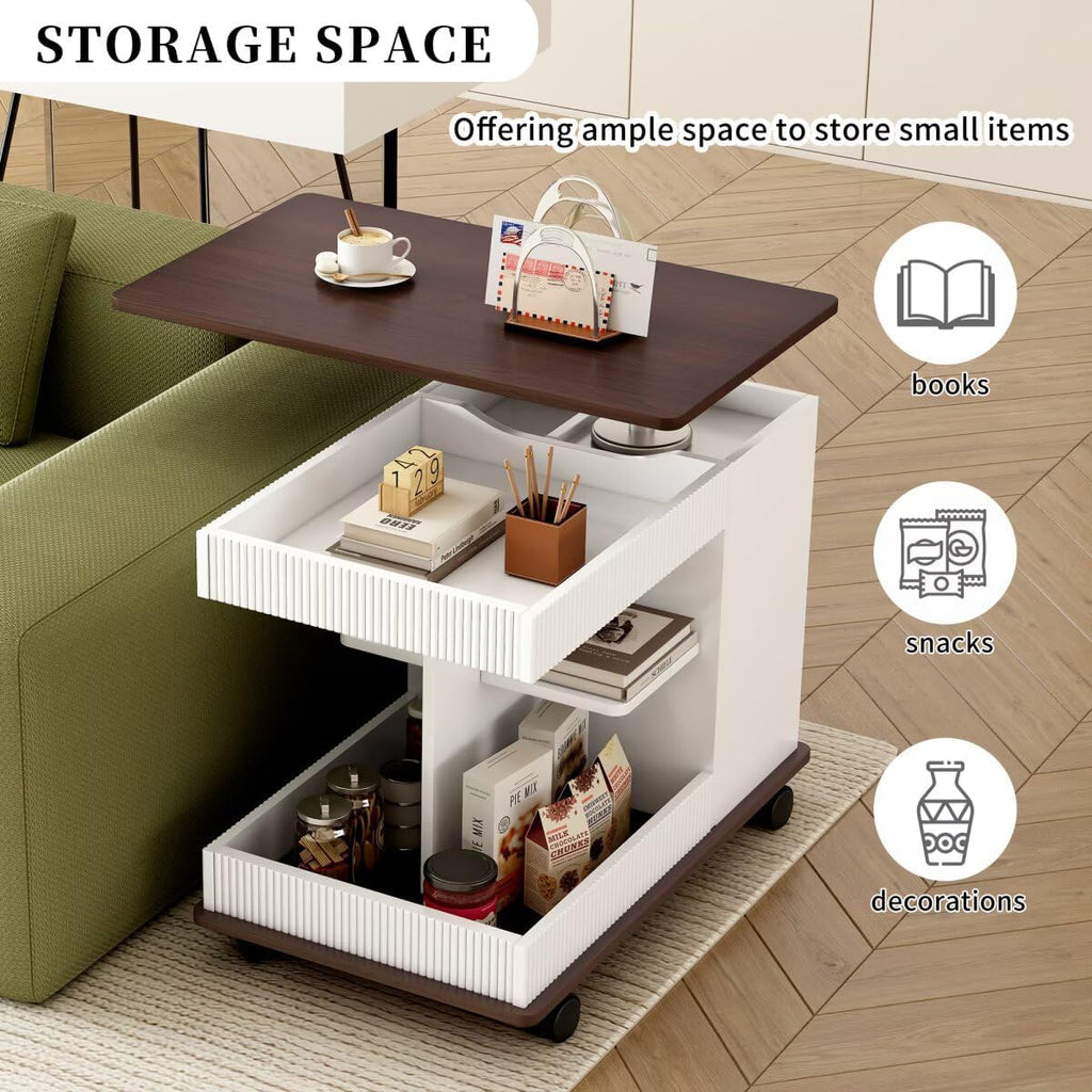 29.5" Adjustable End Table with Wheels, Modern Multifunctional Sofa Side Table with Lift-Top, 360°Rotating Top and Storage Space for Living Room, Small Space, Brown+White