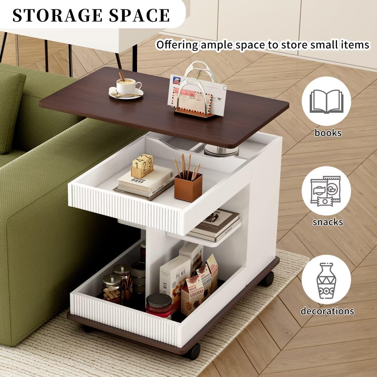 29.5" Adjustable End Table with Wheels, Modern Multifunctional Sofa Side Table with Lift-Top, 360°Rotating Top and Storage Space for Living Room, Small Space, Brown+White