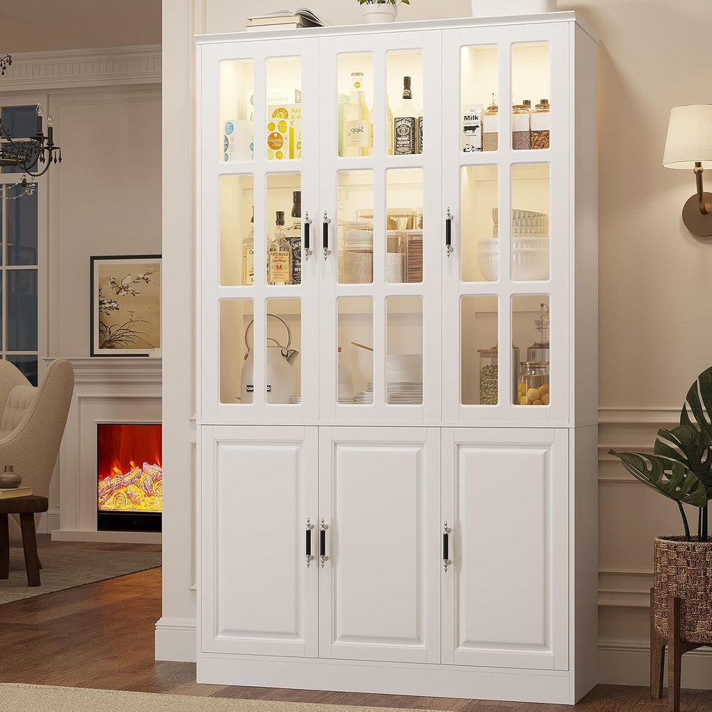 MEISSALIVVE 78.7" Kitchen Pantry Storage Cabinet with LED Lights, Tall Pantry Cabinet with Glass Doors, Kitchen Hutch Utility Pantry, White (47.2" W x 15.7" D)