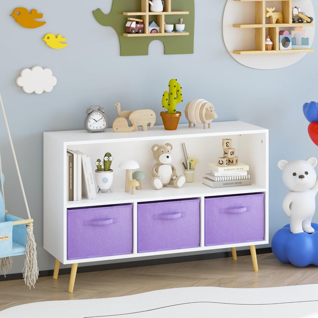 Kids Bookcase with Collapsible Fabric Drawers, Toddler Table and | Multi-purpose kids furniture set for bedroom with collapsible fabric drawers, sturdy MDF board, easy setup, perfect for