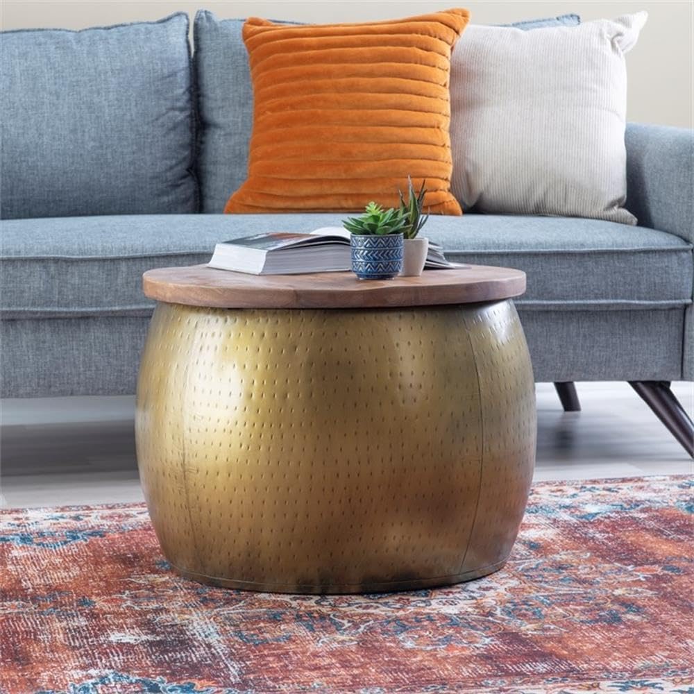 MAKLAINE Large Hammered Metal Drum Table with Storage, Brass Finish, Solid Mango Wood Top, 27.5 in Diameter, Handcrafted Accent Table for Living Room or Bedroom Use