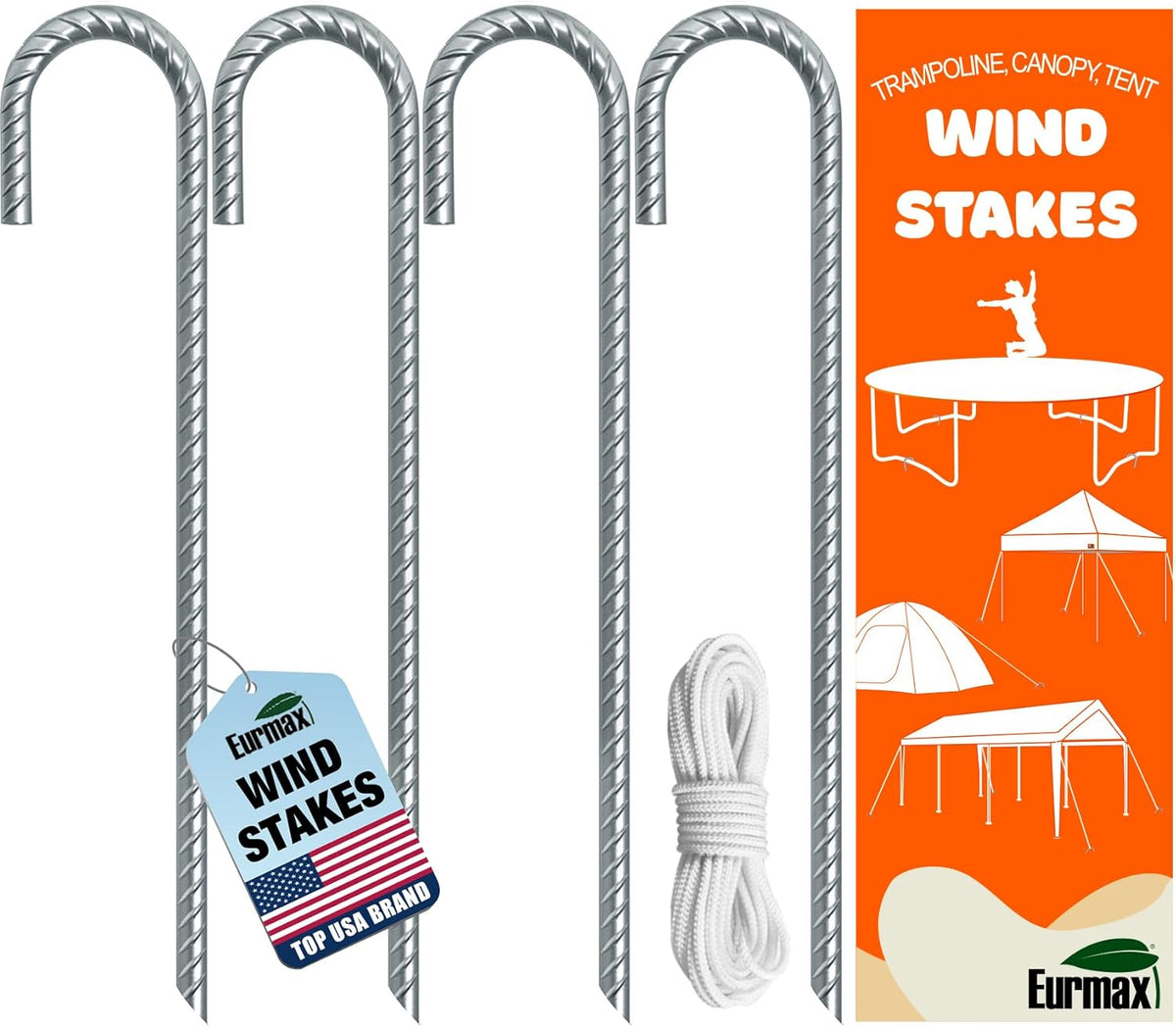 Eurmax USA Trampolines Stakes Heavy Duty Ground Stakes Canopy Parts Wind Stake with Rope 12 Inch Heavy Duty Stake Safety Ground Anchor Galvanized Steel J Shaped, Pack of 4(Silver)