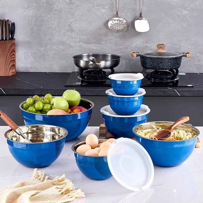 Blue Mixing Bowls With Airtight Lids,Stainless Steel Bowl,Salad Bowls 7 Piece Colorful Nesting Bowl Blue Kitchen Accessories,Size 7,3.6,2.7,2.1,1.5,1.1,0.8QT Stackable Design
