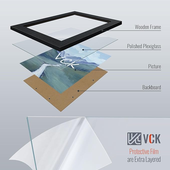 VCK 8.5x11 Picture Frame Set of 4 - Black, Gallery-Quality Wood Poster Frames, 1.1-Inch Wide Border, Polished Plexiglass, Vertical or Horizontal Wall & Tabletop Display for Photo/Art/Prints, Black