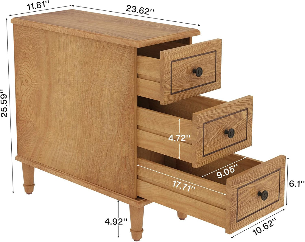 Tribesigns Solid Wood End Table, Fully Assembled Narrow Side Table with Drawers, Pre-Assembled Nightstand Slim Bedside Table for Small Spaces, Living Room, Bedroom, Wood