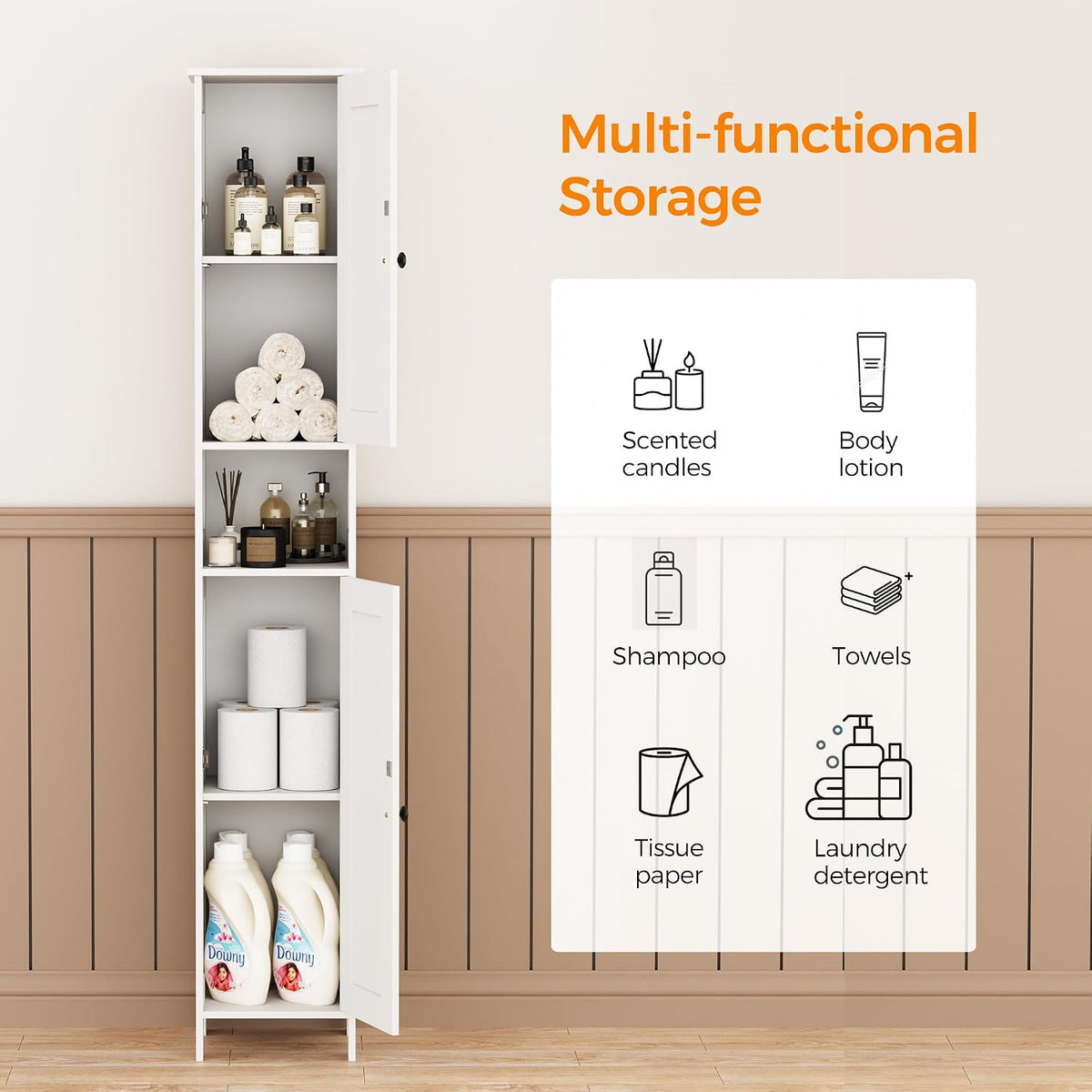 Homleke Tall Bathroom Storage Cabinet with 2 Doors, Slim Bathroom Cabinet | Narrow Storage Cabinet with Adjustable Shelves, Anti-Tip Design, Reversible Door, Easy Assembly, White, 11.8''W