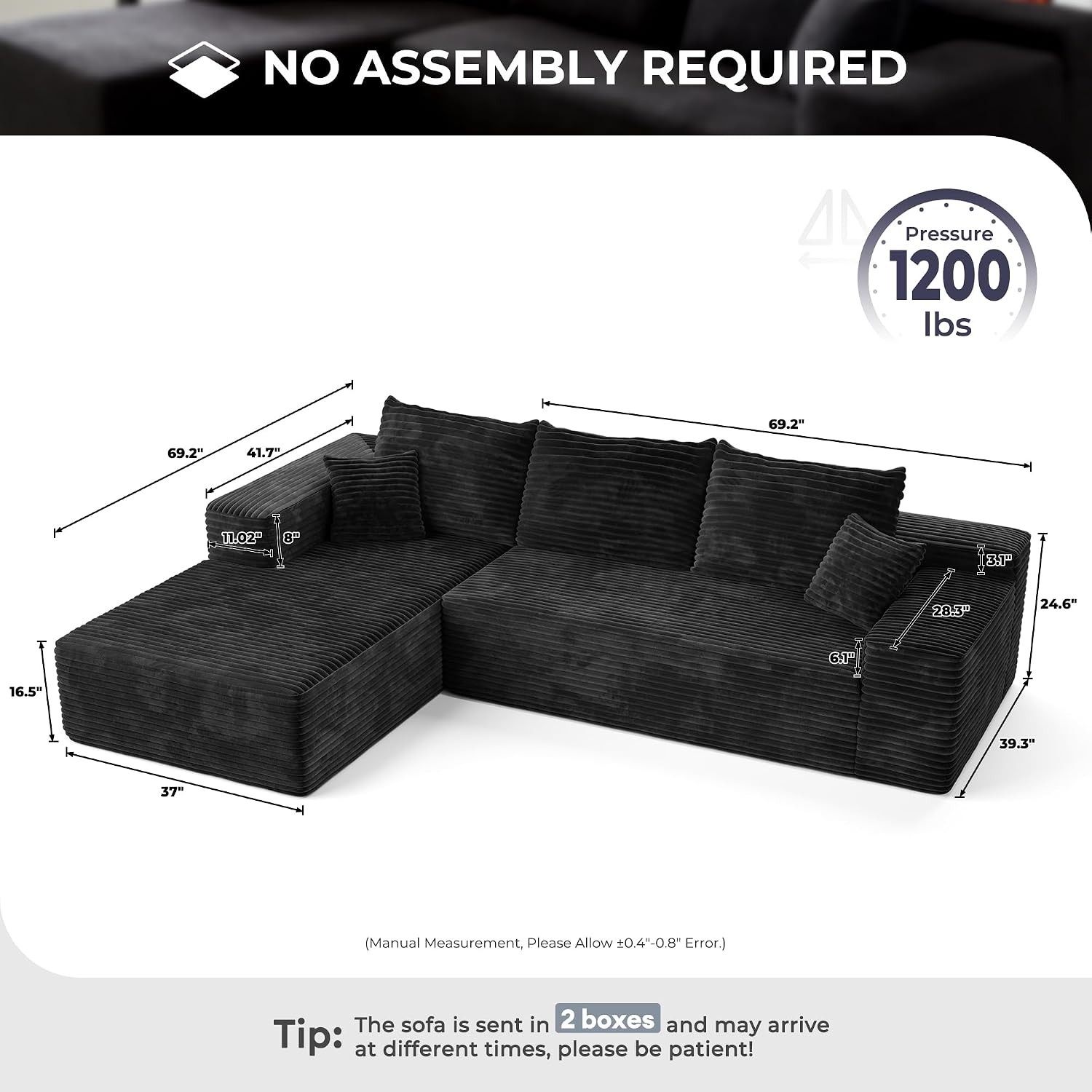 106" Cloud Sectional Couches for Living Room,L Shaped | Couch with Comfy Chaise,Modular Sofa with Deep Seat No Assembly Required,Black