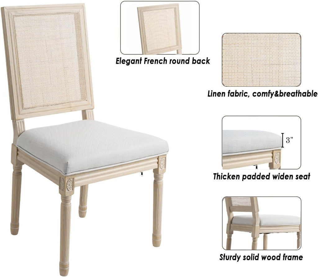 CIMOTA Farmhouse Dining Chairs Set of 8, French Rattan Dining Room Chairs with Rectangle Back/Distressed Wood Upholstered Vintage Side Chairs for Kitchen/Restaurant, Linen Beige/8PCS