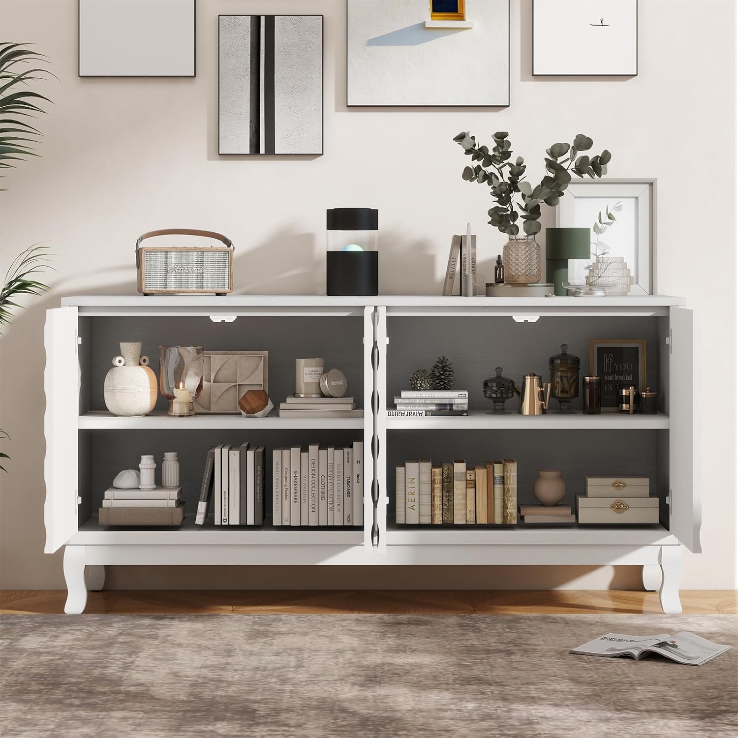LKTART 59.84" Sideboard Buffet Storage Cabinet for Dining Room, Wavy Pattern Fluted Console Table Pressed Spring 4 Doors Cabinet Sideboard for Living Room Kitchen Hallway Entryway (White)