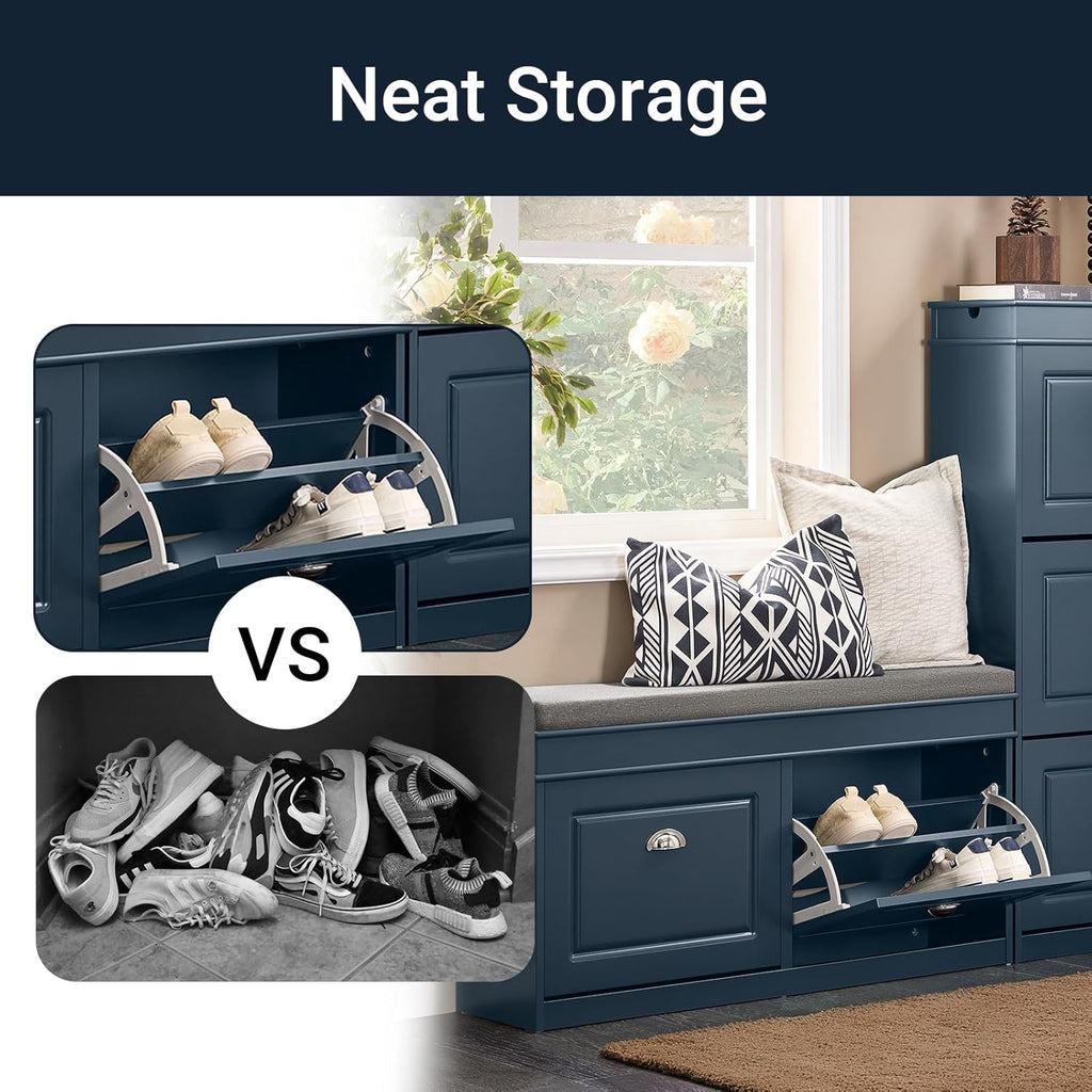 Haotian Shoe Storage Bench Entryway, Shoe Cabinet Bench with 2 Flip Drawers & Cushion, Modern Design Shoe Organizer for Hallway, Navy Blue FSR64-B