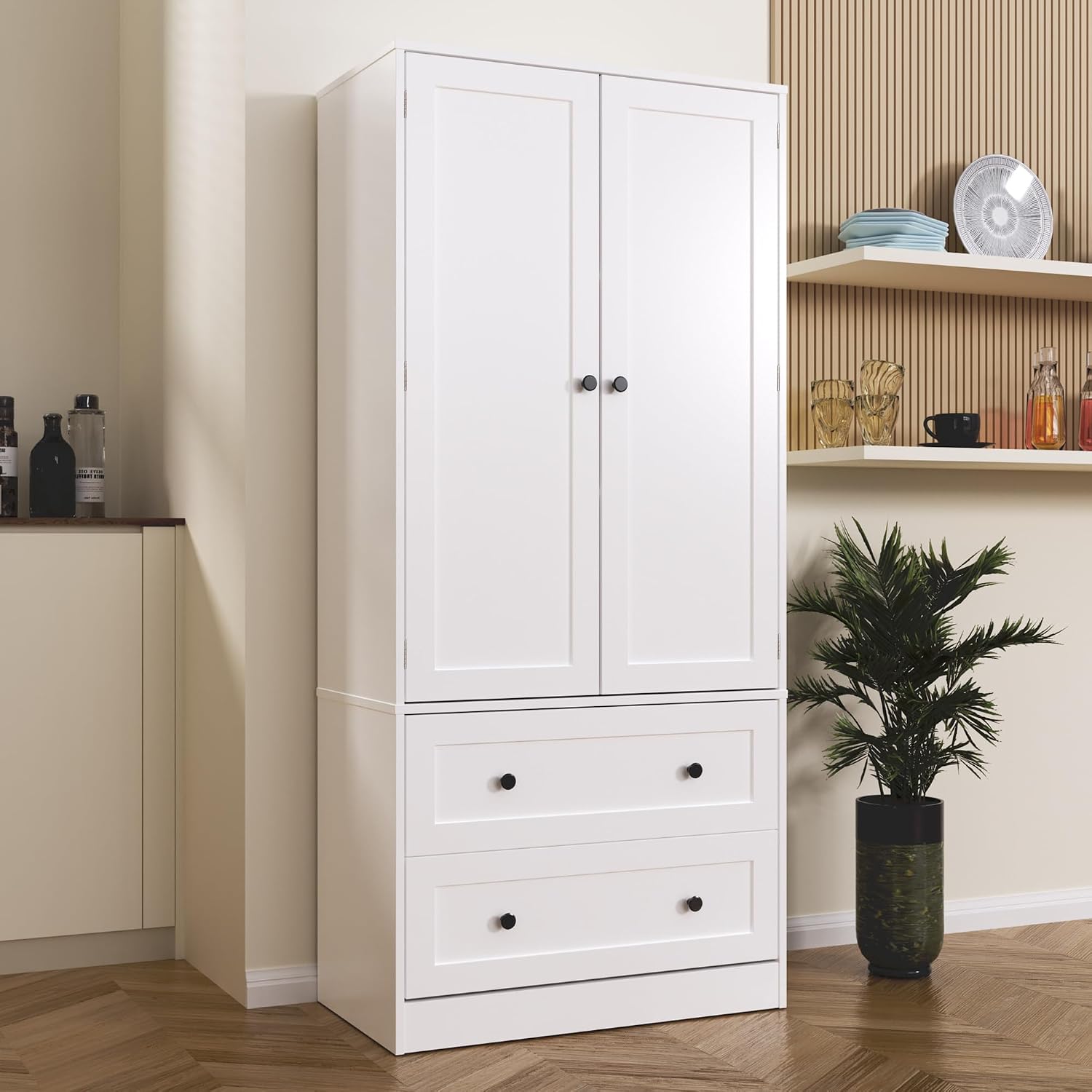 DIYART 64.2" Tall White Kitchen Pantry, Storage Cabinet with Doors and Drawers, Freestanding Wooden Organizer for Kitchen, Dining Room