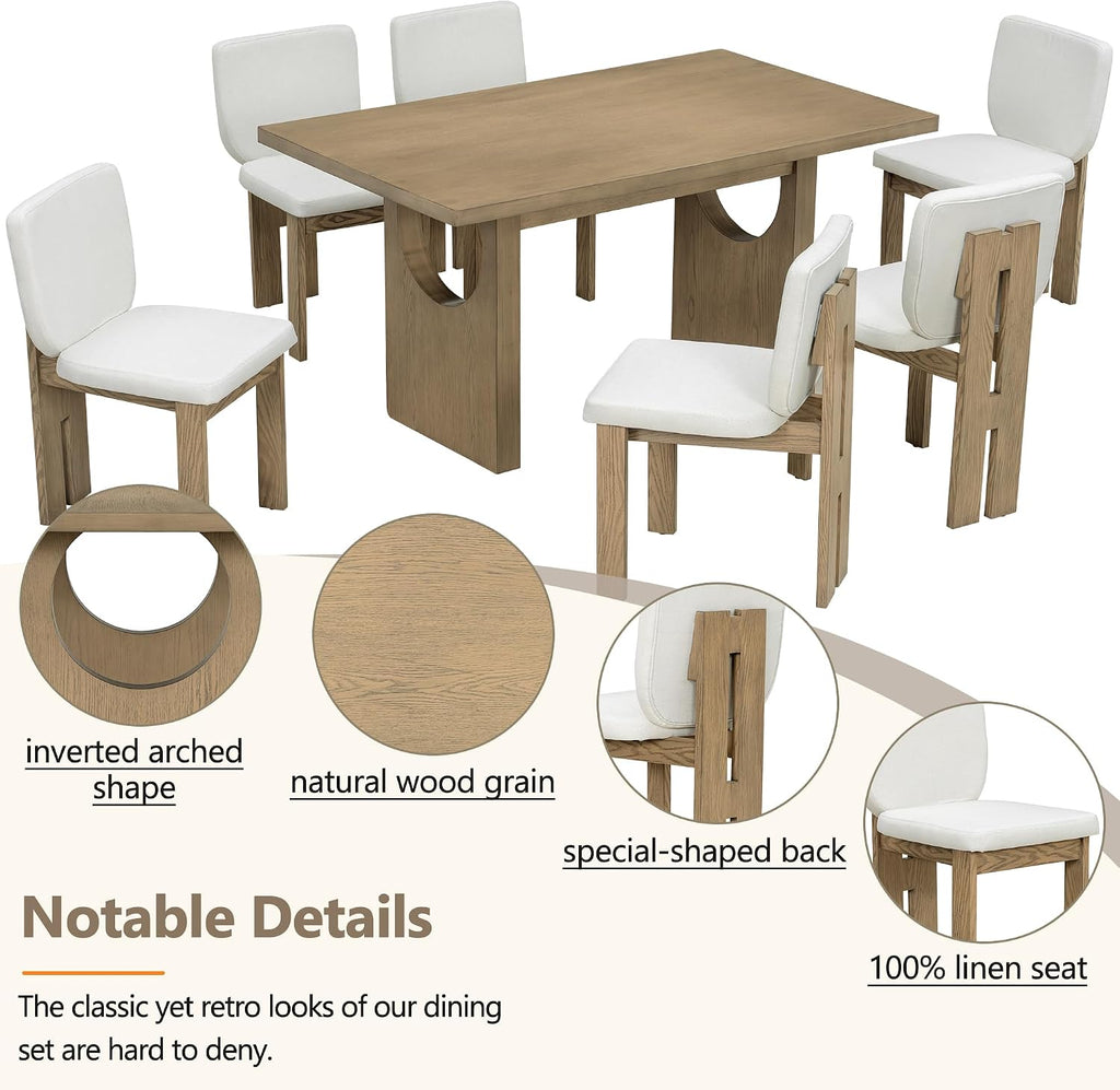 Merax Wood Dining Table Set for 6, Rectangular Tabletop/Upholstered Chairs/Retro Geometric Design, Ideal for Dining-Room and Kitchen, Natural
