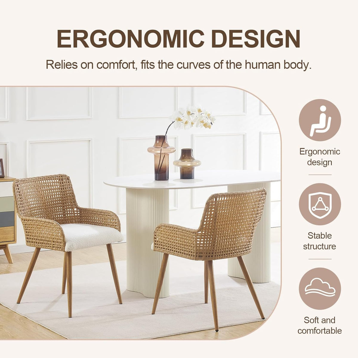 Rattan Dining Chairs Set of 2,Modern Dining Room Chairs with Upholstered Cushion and Metal Legs,Rattan Kitchen Chairs,Brown